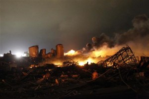 File picture shows the burning remains of a fertilizer plant after an explosion at the plant in the town of West, near Waco, Texas