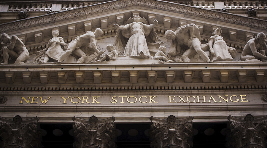 A view shows figures carved into the facade of the New York Stock Exchange in New York